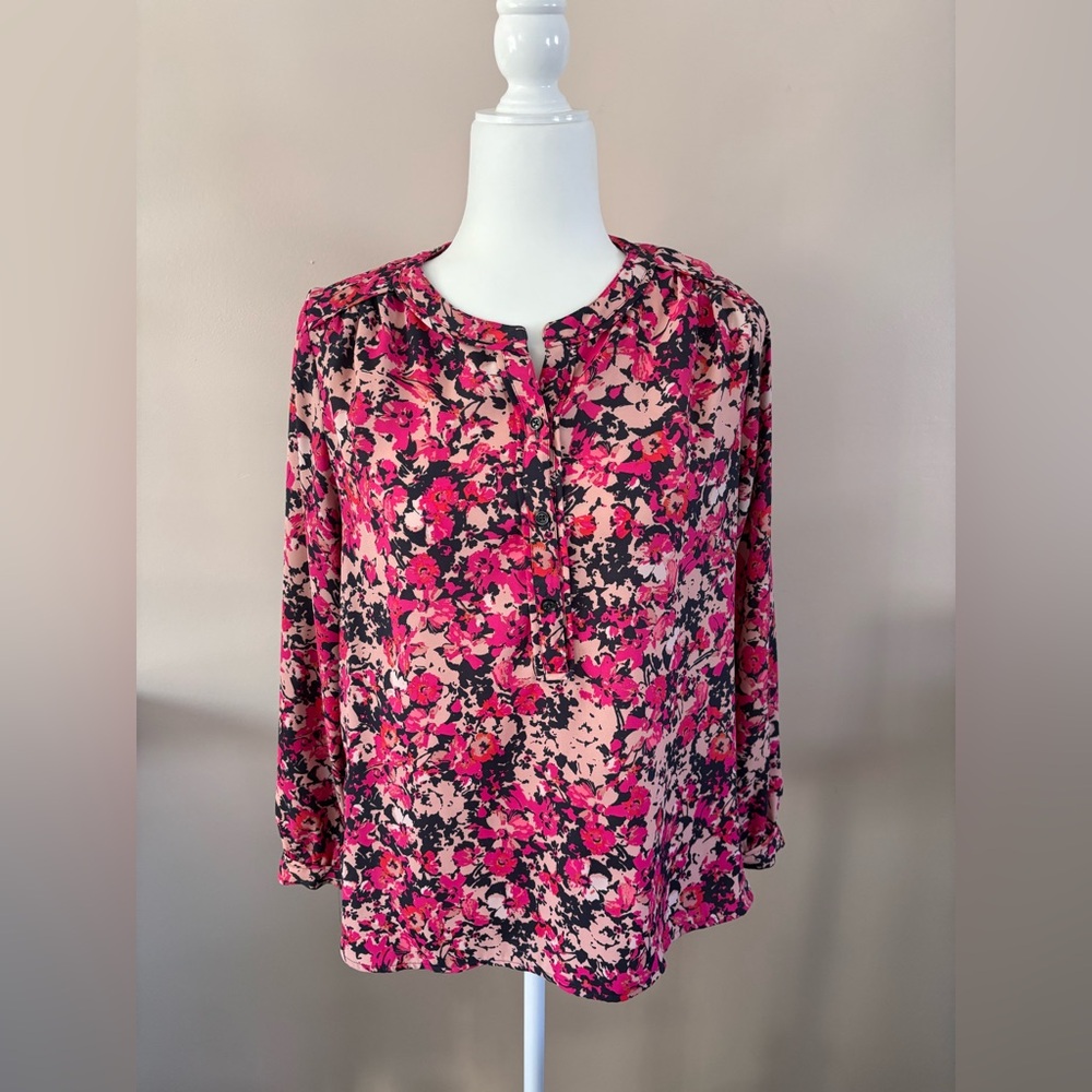LOFT Pink and Black Floral Blouse
